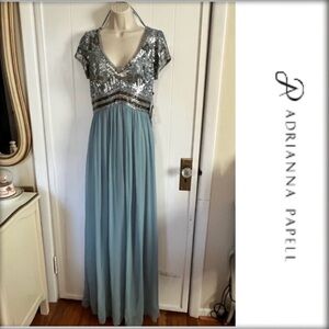 Adrianna Papell Silver and Blue Sequin Gown